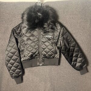 Womens M Juicy Couture Black Quilted Faux Fur Collar Aviator Bomber Jacket y2k